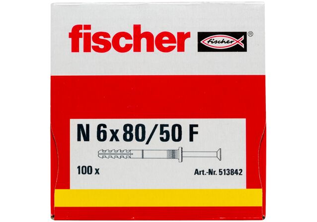 Packaging: "Гвоздевой дюбель fischer с цилиндрическуим бортиком N 6 x 80/50 F с оцинкованным гвоздем"