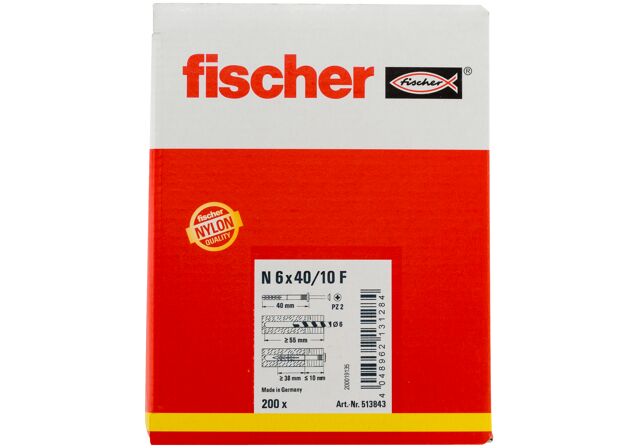 Packaging: "fischer Nagelplug N 6 x 40/10 F met platte kop"