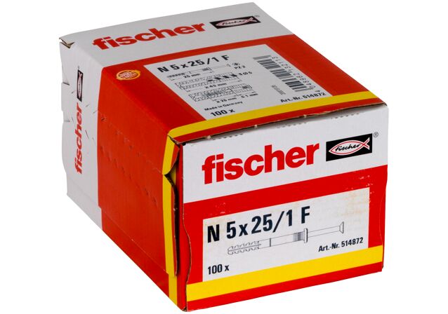 Packaging: "fischer Nagelplug N 5 x 25/1 F met platte kop"