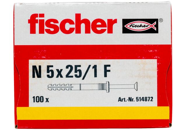 Packaging: "fischer beütődübel N 5 x 25/1 F lapos fejjel gvz"