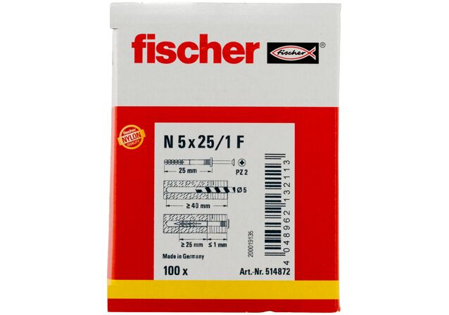 Balení: "fischer natloukací hmoždinka N 5 x 25/1 F se širokým límečkem gvz"