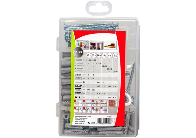 Packaging: "fischer PROFI-BOX Universal plug UX + screws + hooks"