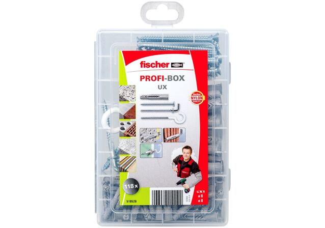 Packaging: "fischer PROFI-BOX Universal plug UX + screws + hooks"