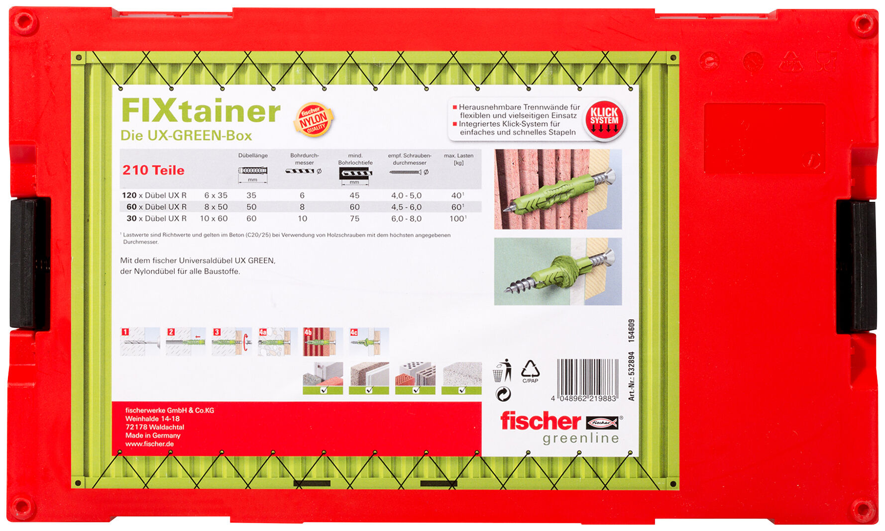 Packaging: "fischer FixTainer - UX Green box"