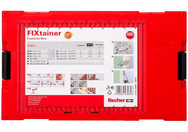 Packaging: "fischer FixTainer - SX and screws and hooks"