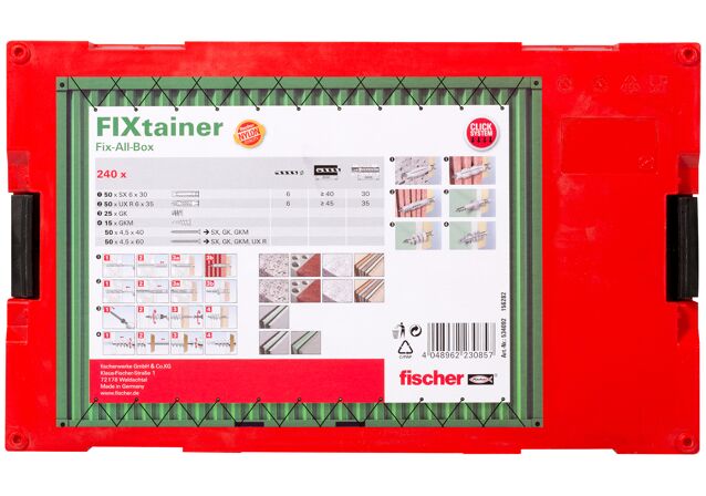 Packaging: "fischer FixTainer - UX, SX, GK pluggen met schroeven"