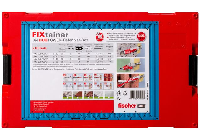 Packaging: "fischer FixTainer - DuoPower short/long (210 parts)"