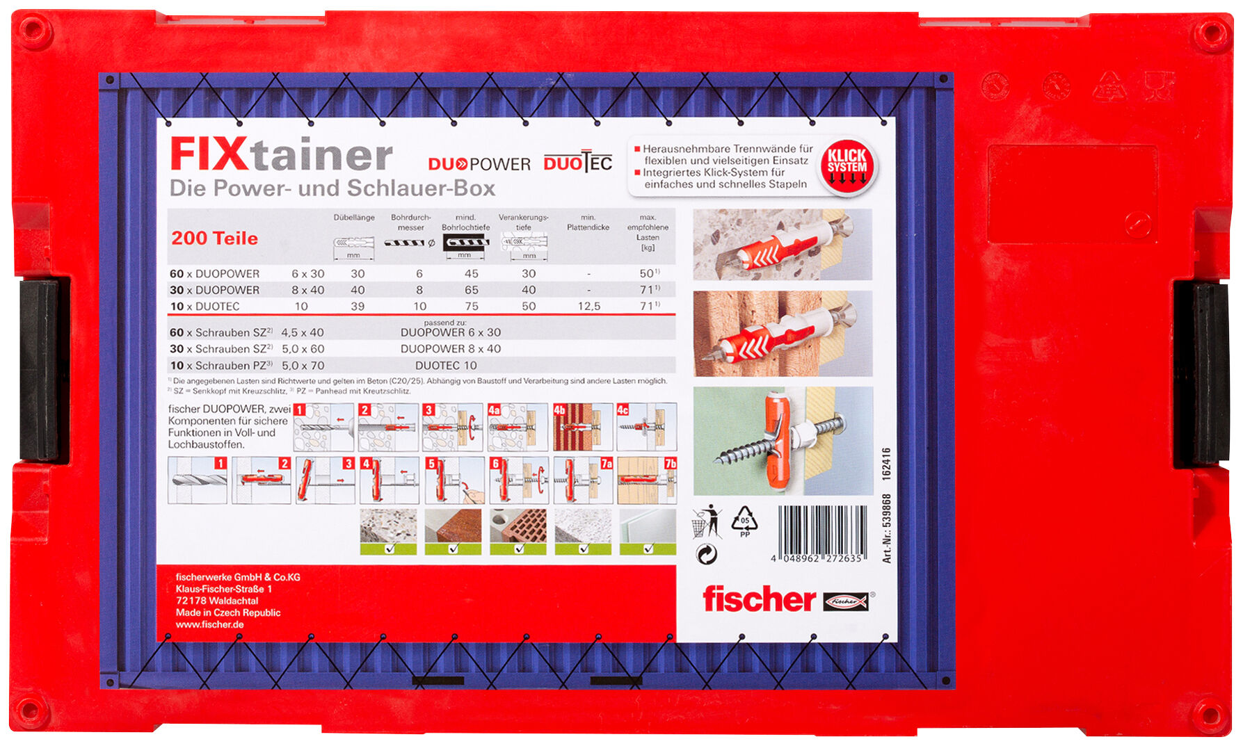 Packaging: "fischer FixTainer - DuoPower/DuoTec + screws (200)"