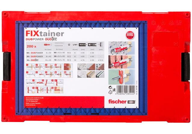 Packaging: "Caja FixTainer de tacos DuoPower con DuoLine y tornillos"