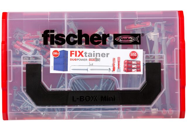 Packaging: "Caja FixTainer de tacos DuoPower con DuoLine y tornillos"