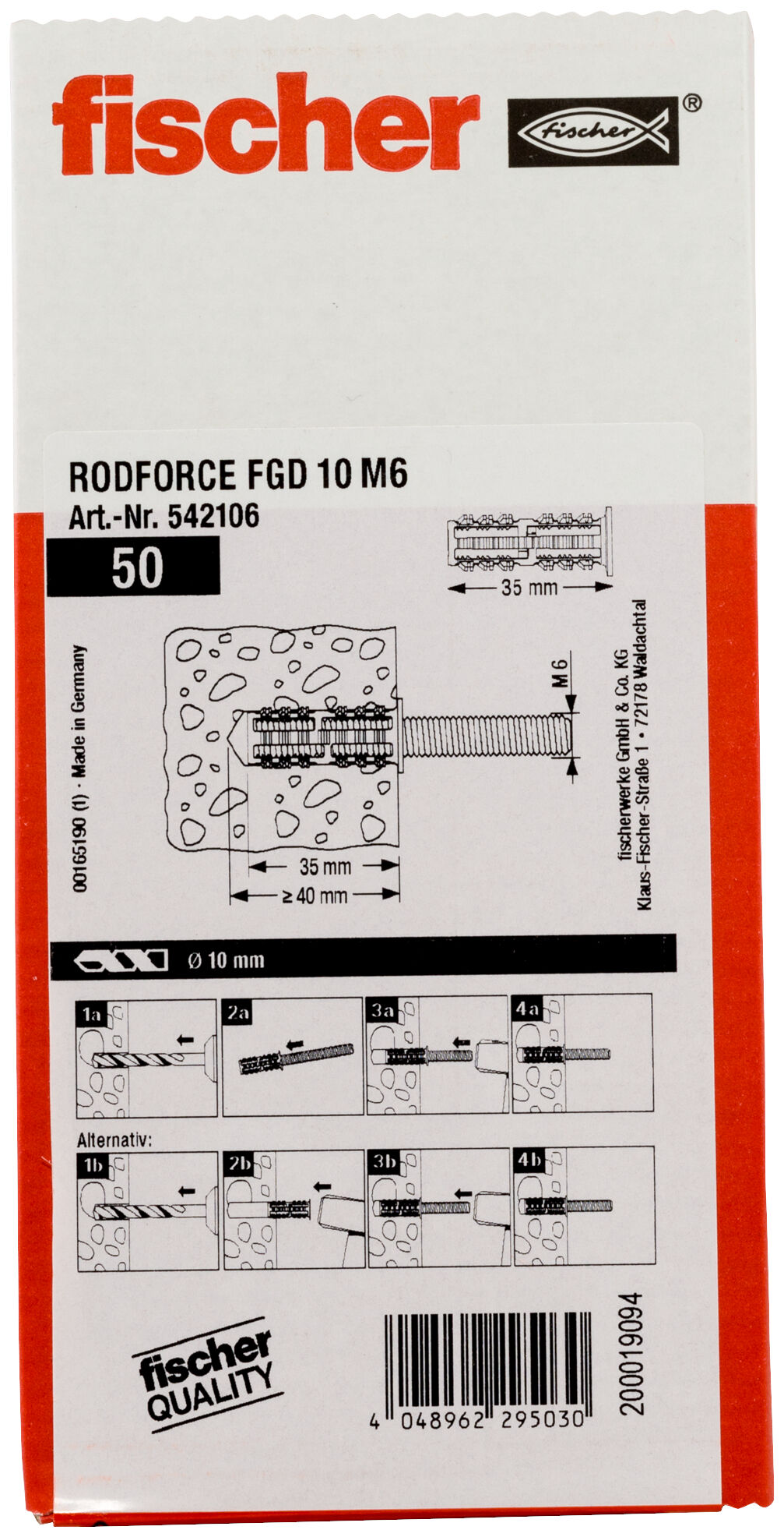 Packaging: "fischer threaded rod plug RodForce FGD M6 x 35"