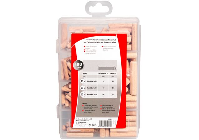 Verpackung: "fischer Praktische Helfer Leimen & Verbinden mit Holzdübeln (160 Teile)"