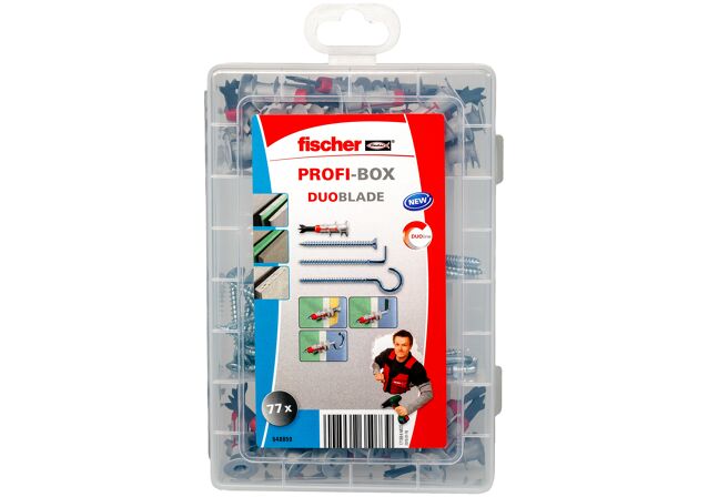 Packaging: "Maletin Profi-Box de tacos DuoBlade con tornillos, alcayatas y hembrilla abiertas"