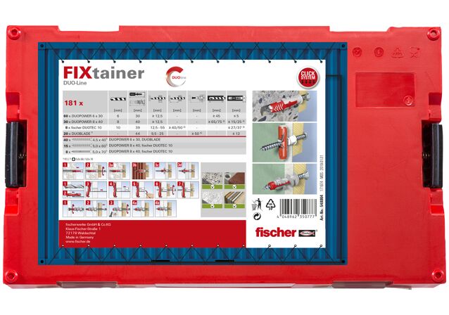 Packaging: "fischer FixTainer DuoLine (181 parts)"