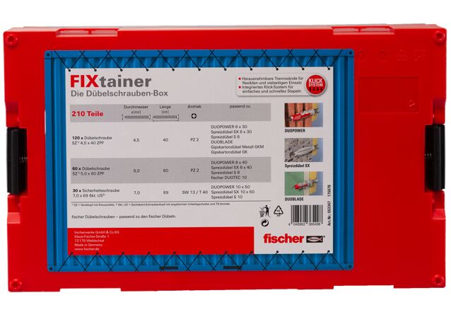 Verpackung: "fischer FixTainer - Dübelschrauben (210 Teile)"
