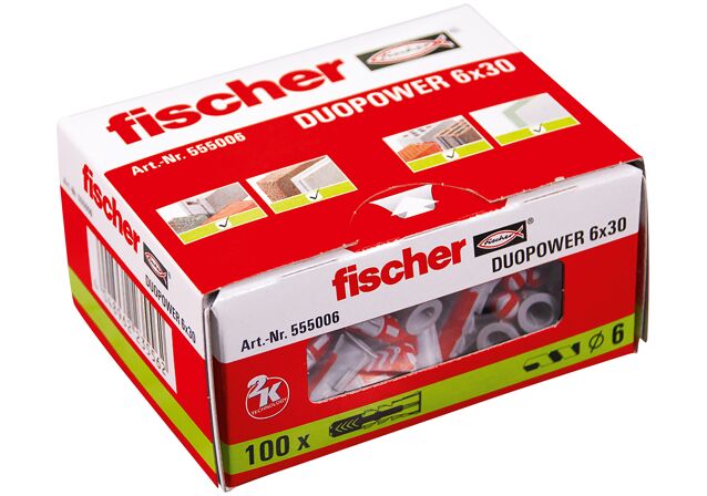 Cheville + Vis Duopower bi-matière 6 x 30 mm Fischer, x50