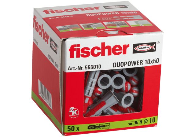 fischer DUOPOWER 10 x 50, caja redonda con 55 tacos fischer universales, de  alto rendimiento de 2 componentes, de plástico para fijación en hormigón,  ladrillo, piedra, cartón yeso y más : : Bricolaje y herramientas