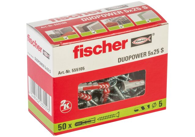 Emballasje: "fischer DuoPower universalplugg 5 x 25 S med skrue (NOBB 51557966)"