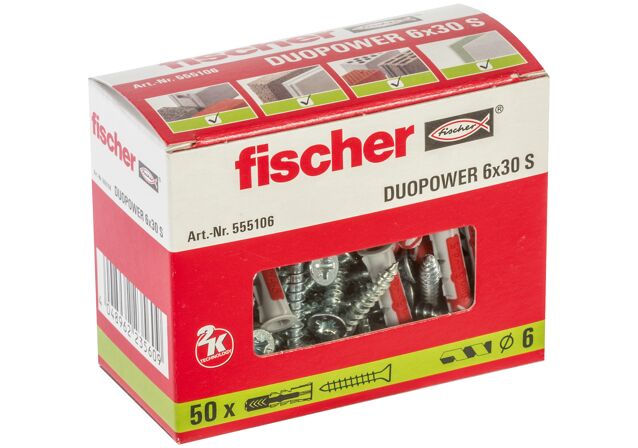 Fischer 544016 Duopower Anchors with Screw, 6 x 30 mm, for Solid Wall,  Perforated Brick, Drywall