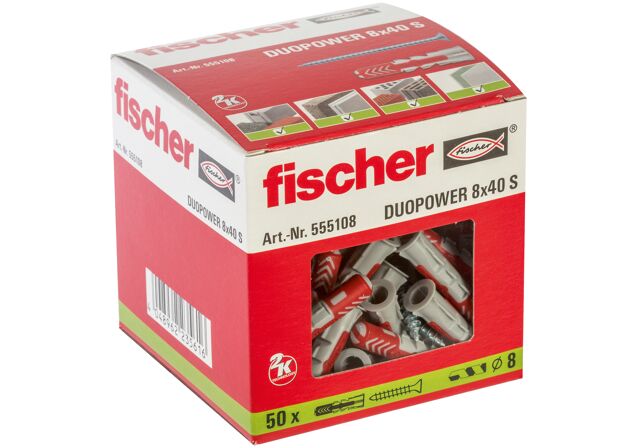 Emballasje: "fischer DuoPower universalplugg 8 x 40 S med skrue (NOBB 51557985)"