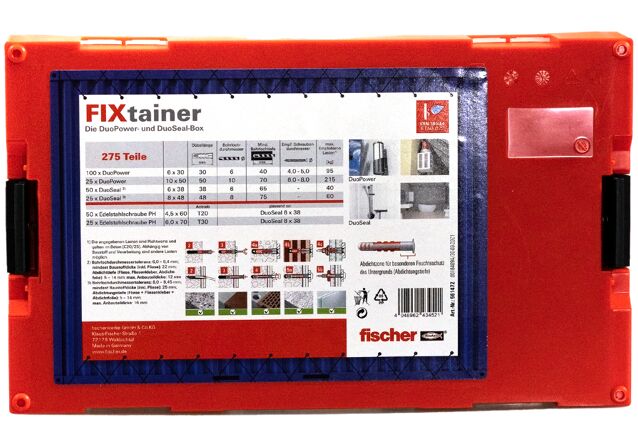 Verpackung: "fischer FixTainer - Die DuoPower und DuoSeal-Box mit Edelstahlschrauben"