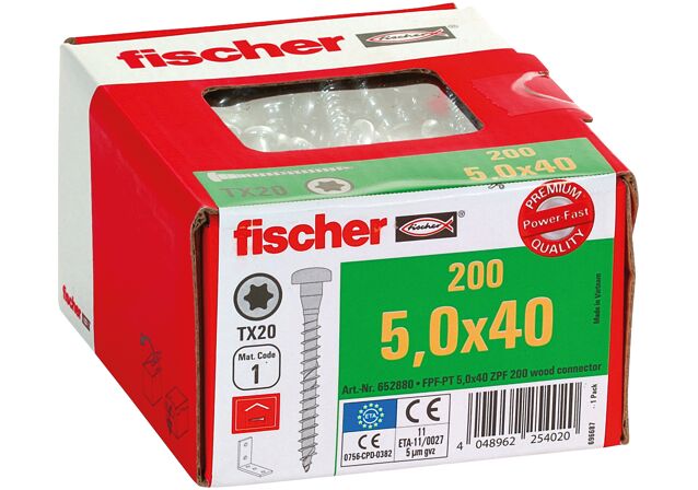 Packaging: "fischer PowerFast 5.0 x 40 blåkromatiseret fuldgevind"