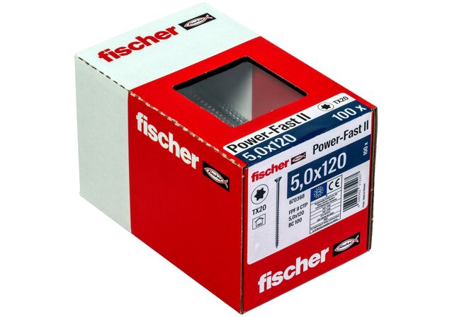 Packaging: "fischer PowerFast FPF II CTP 5.0 x 120 BC 100 countersunk head TX star recess partial thread blue zinc plated"