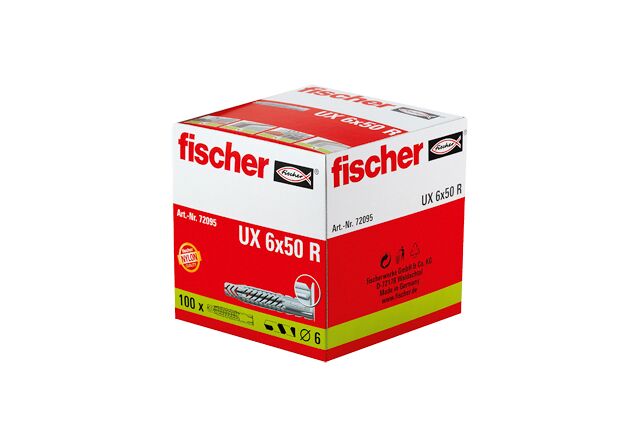 Packaging: "fischer Universeelplug UX 6 x 50 R lang, met kraag"
