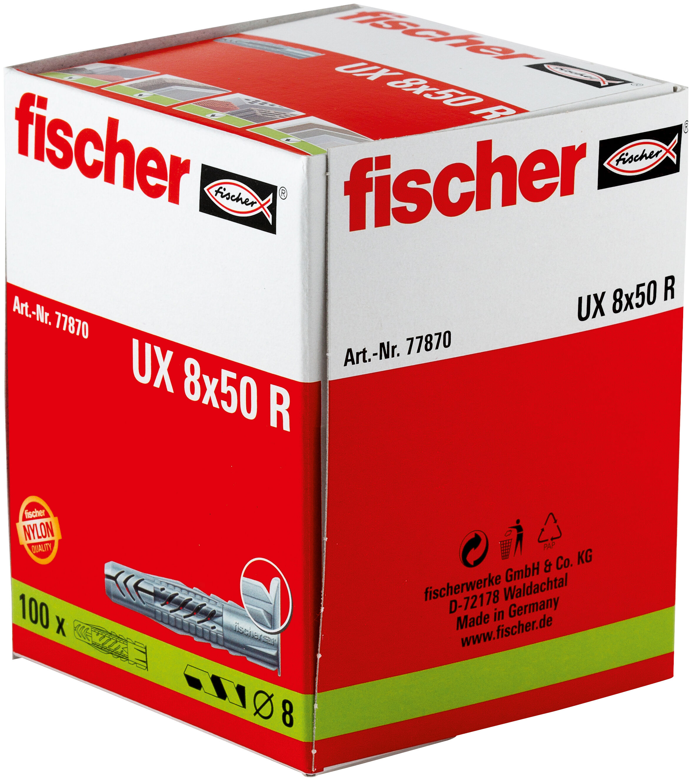Packaging: "fischer Universal plug UX 8 x 50 R long, with rim"