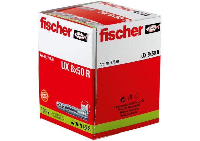 Packaging: "fischer Universal plug UX 8 x 50 R long, with rim"