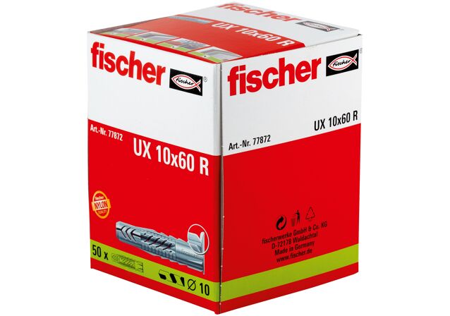 Packaging: "fischer Universal plug UX 10 x 60 R long, with rim"