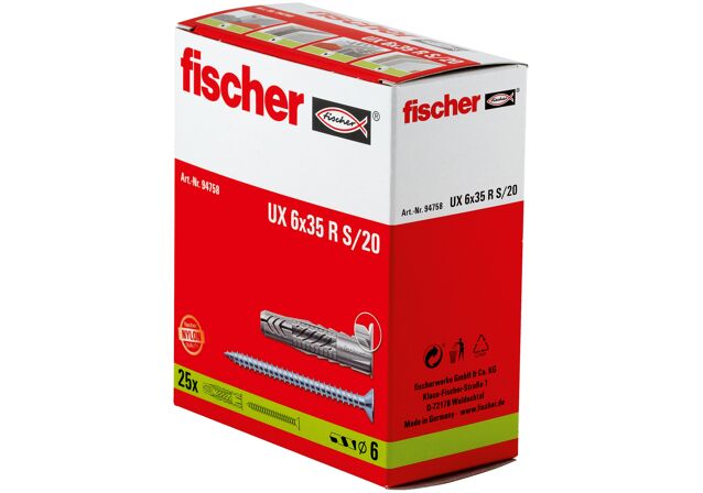 Packaging: "fischer Universal plug UX 6 x 35 R S/20 with rim and screw"