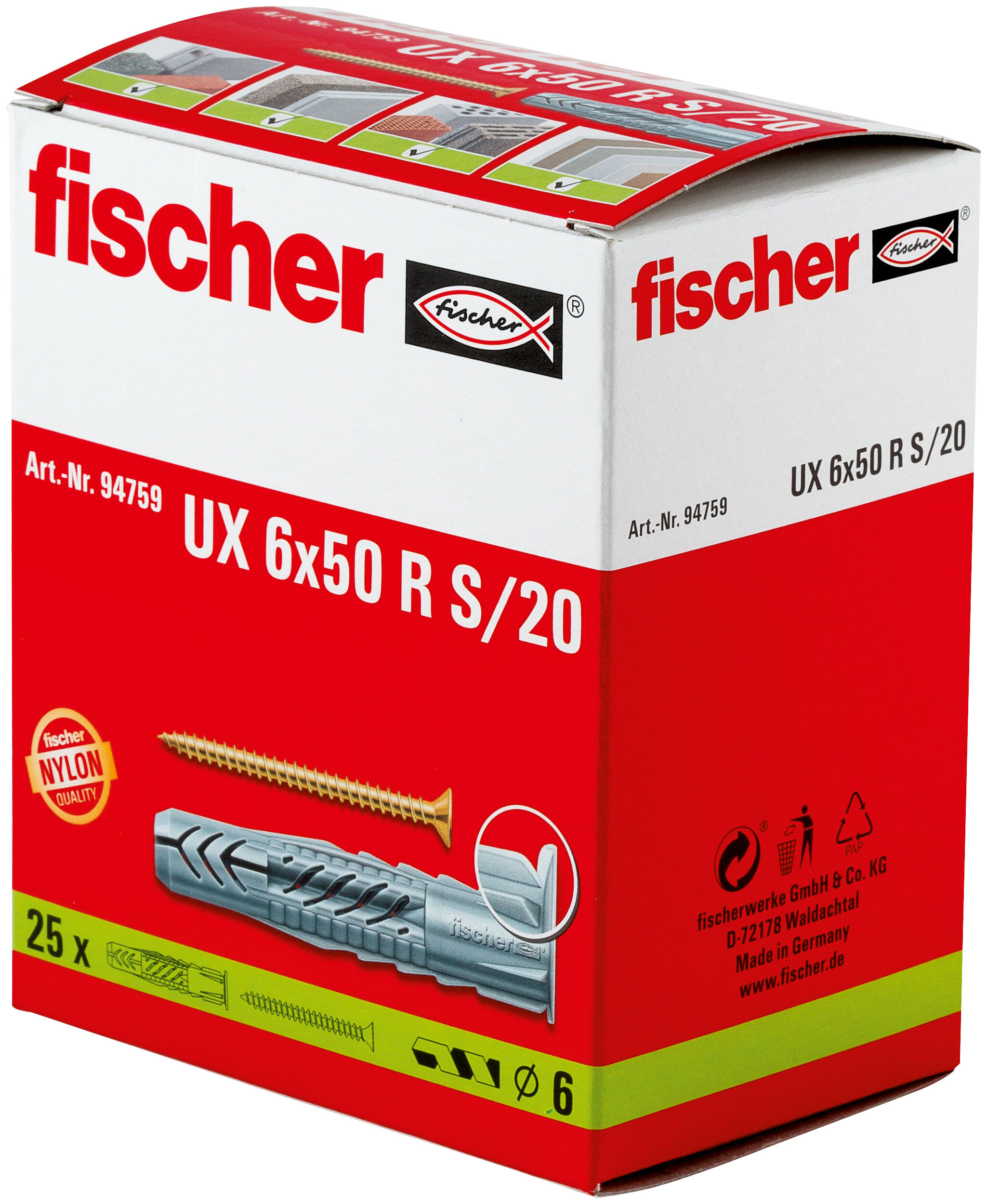 Packaging: "fischer Universal plug UX 6 x 50 R S/20 with rim and screw"