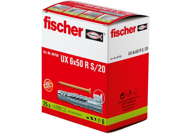 Packaging: "fischer Universal plug UX 6 x 50 R S/20 with rim and screw"
