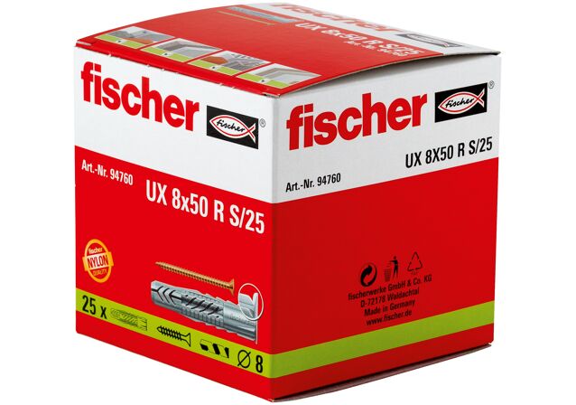 Packaging: "fischer Universal plug UX 8 x 50 R S/25 with rim and screw"