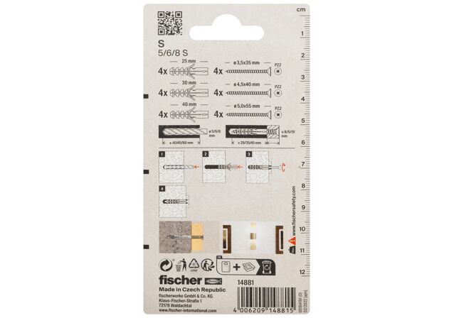 Packaging: "fischer Bucha de expansão S 5 / 6 / 8 com parafuso"