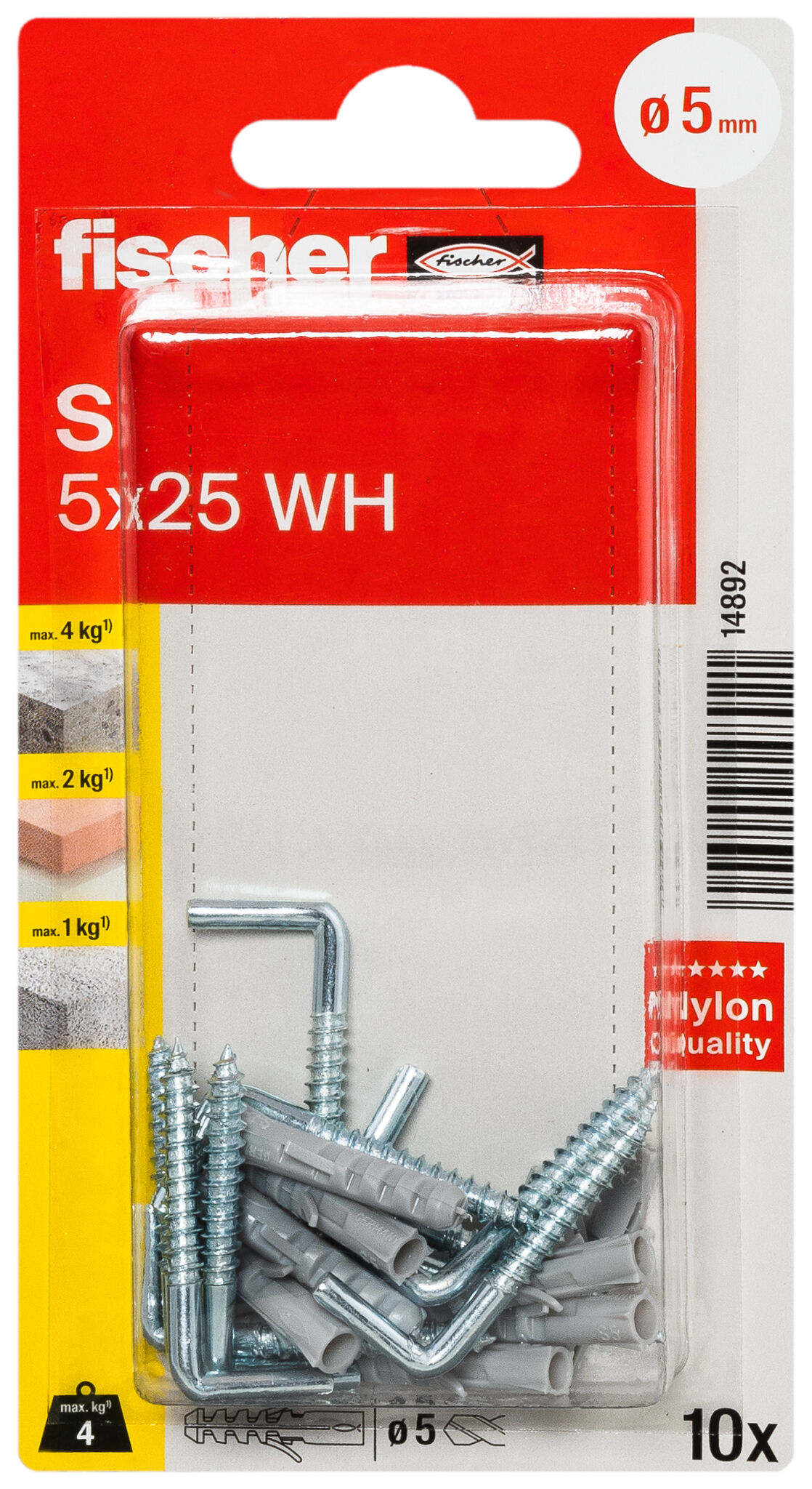 Packaging: "fischer Expansion plug S 5 WH with angle hook"