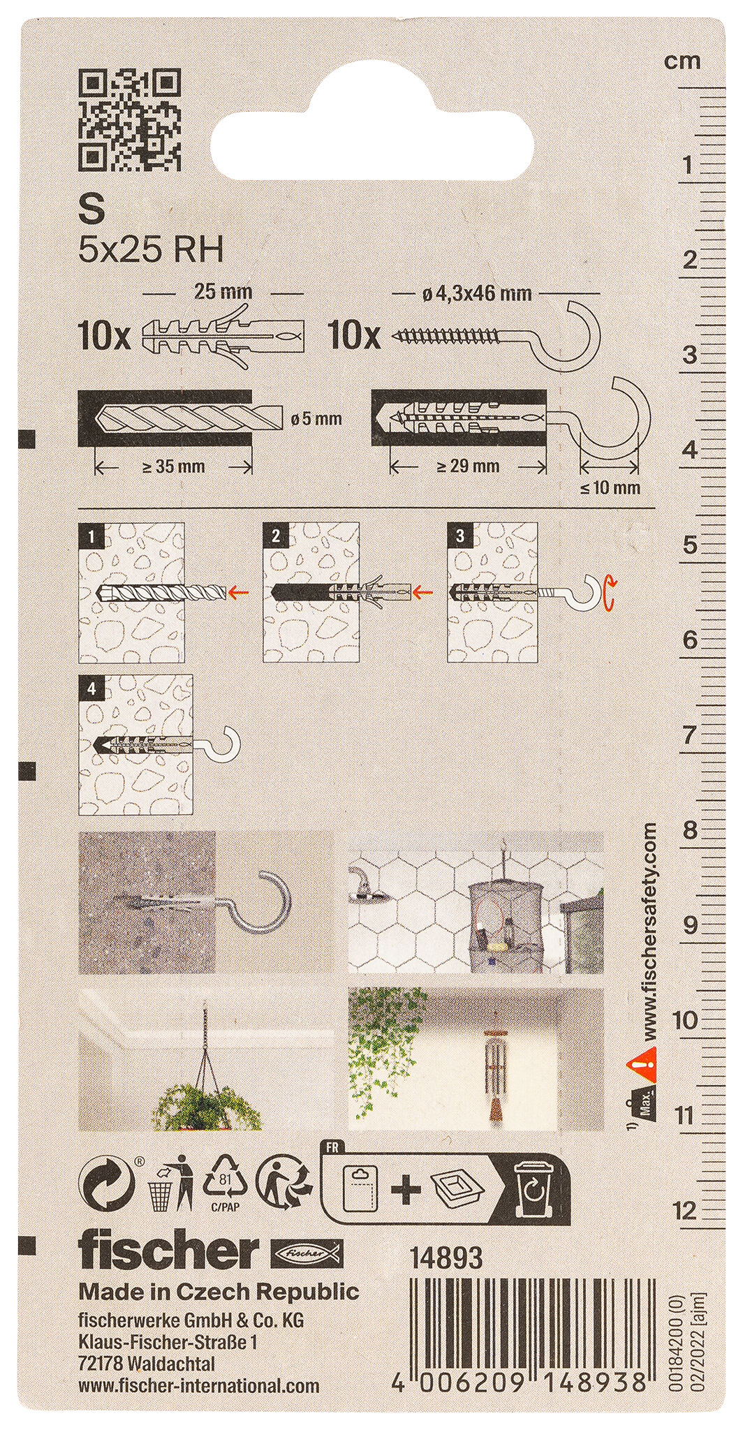 Packaging: "fischer Expansion plug S 5 RH with round hook"
