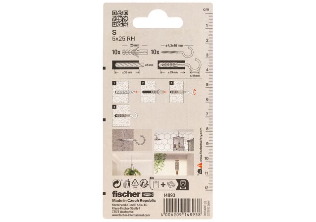 Packaging: "fischer 확장 플러그 S 5 RH, 원형 헤드 후크"