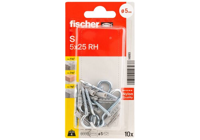 Packaging: "fischer Bucha de expansão S 5 RH com gancho redondo"