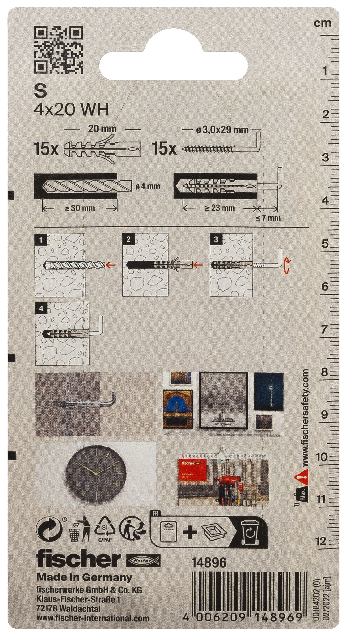 Packaging: "fischer Expansion plug S 4 WH with angle hook"
