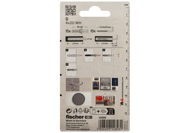 Packaging: "fischer Expansion plug S 4 WH with angle hook"