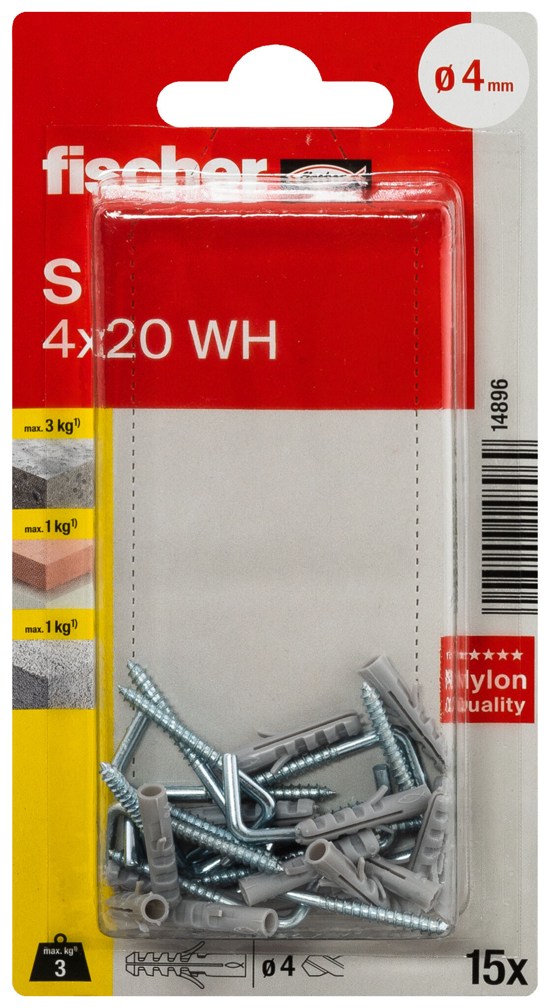 Packaging: "fischer Expansion plug S 4 WH with angle hook"