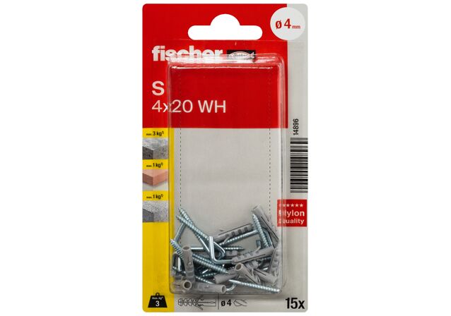 Packaging: "fischer Expansion plug S 4 WH with angle hook"