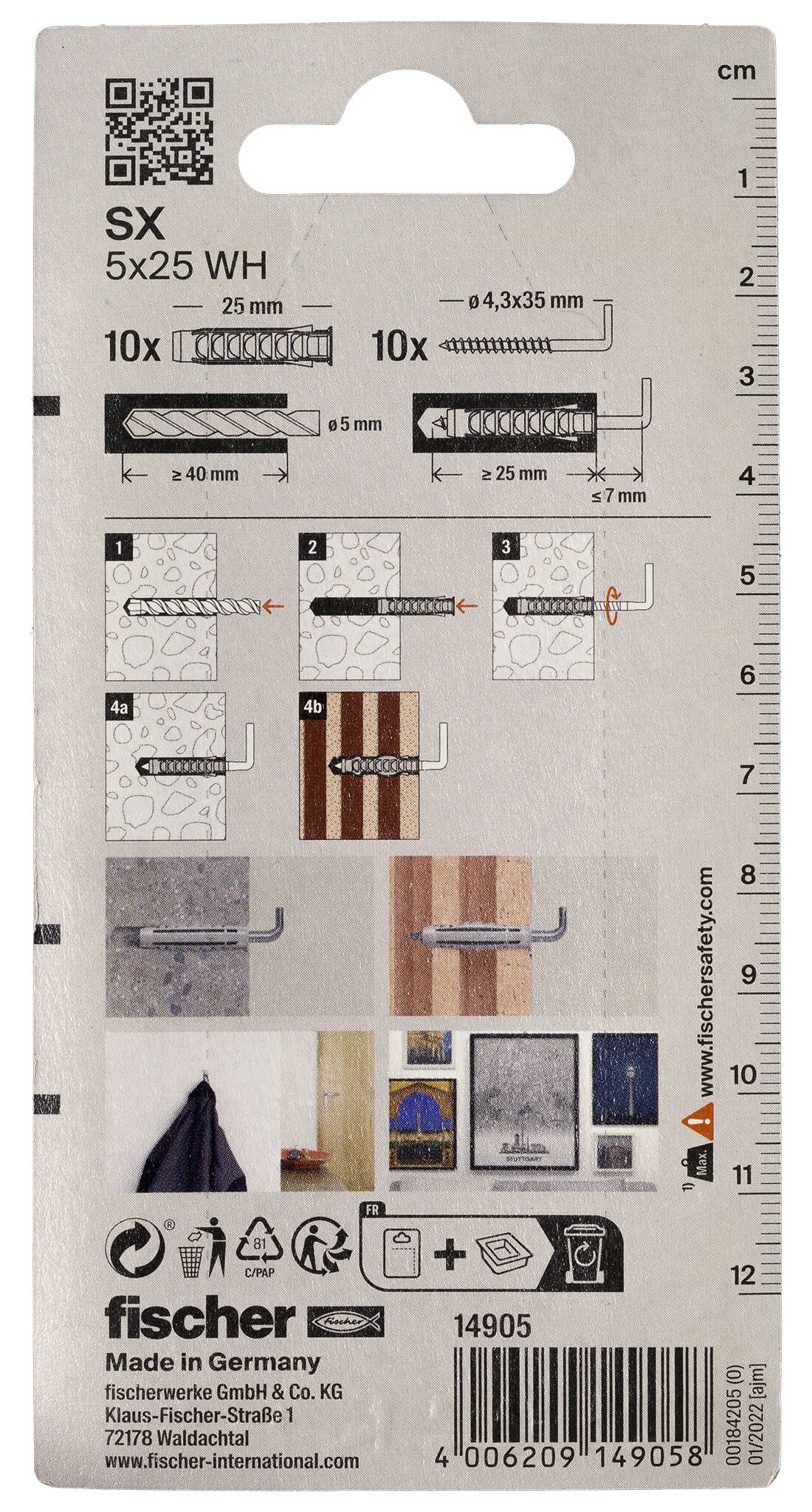 Packaging: "fischer Expansion plug SX 5 x 25 WH with angle hook"