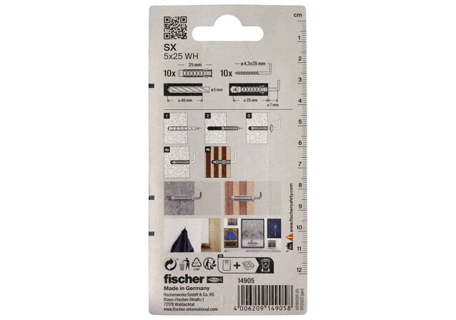 Packaging: "fischer Plug SX 5 x 25 WH met winkelhaak"