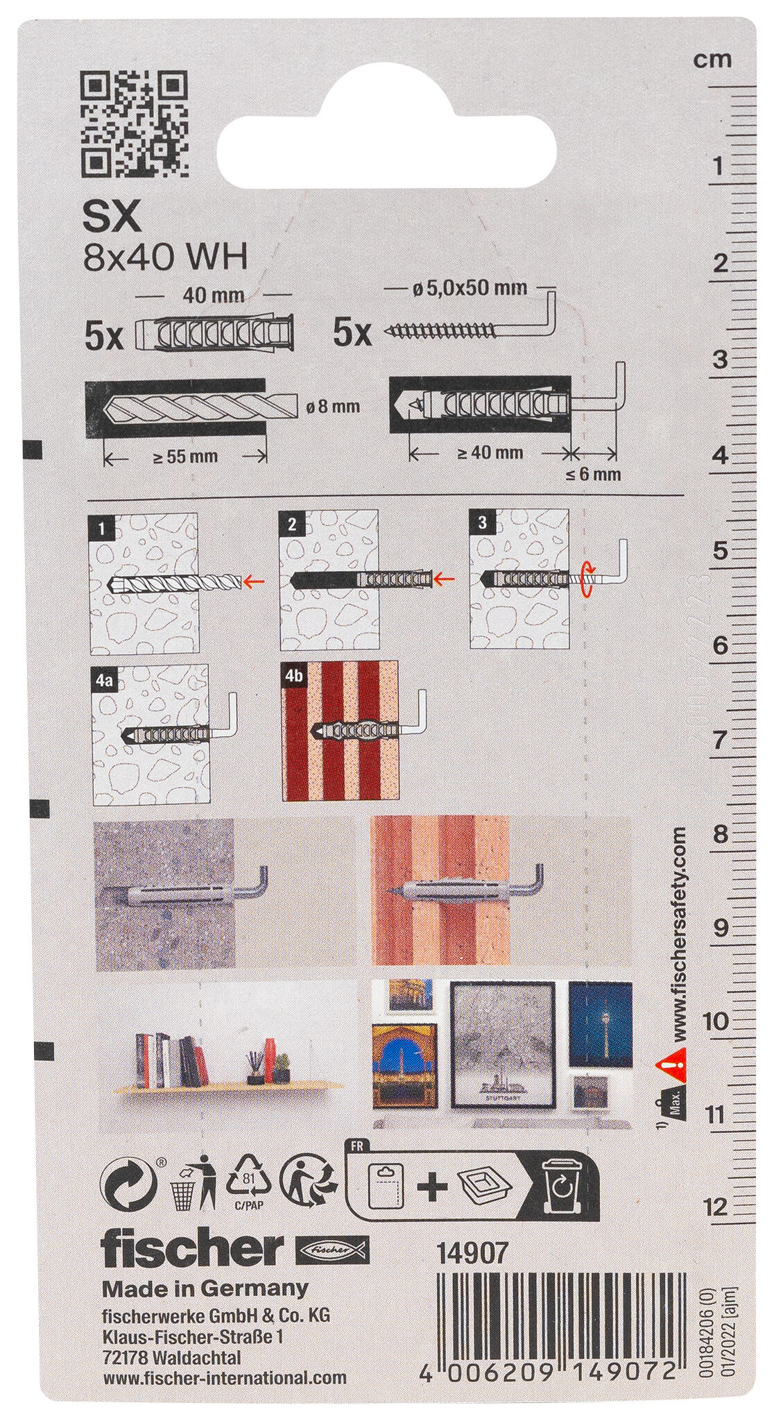 Packaging: "fischer Expansion plug SX 8 x 40 WH with angle hook"