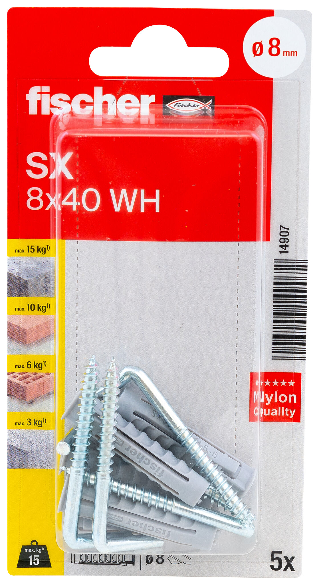 Packaging: "fischer Expansion plug SX 8 x 40 WH with angle hook"