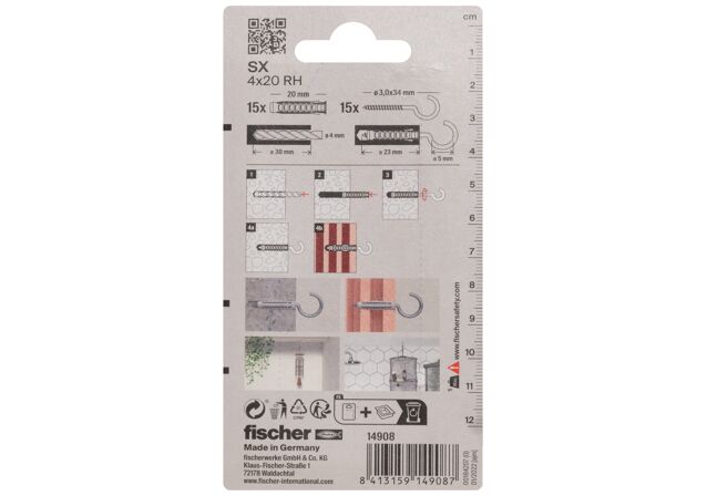 Packaging: "fischer Bucha de expansão SX 4 x 20 RH com gancho redondo"