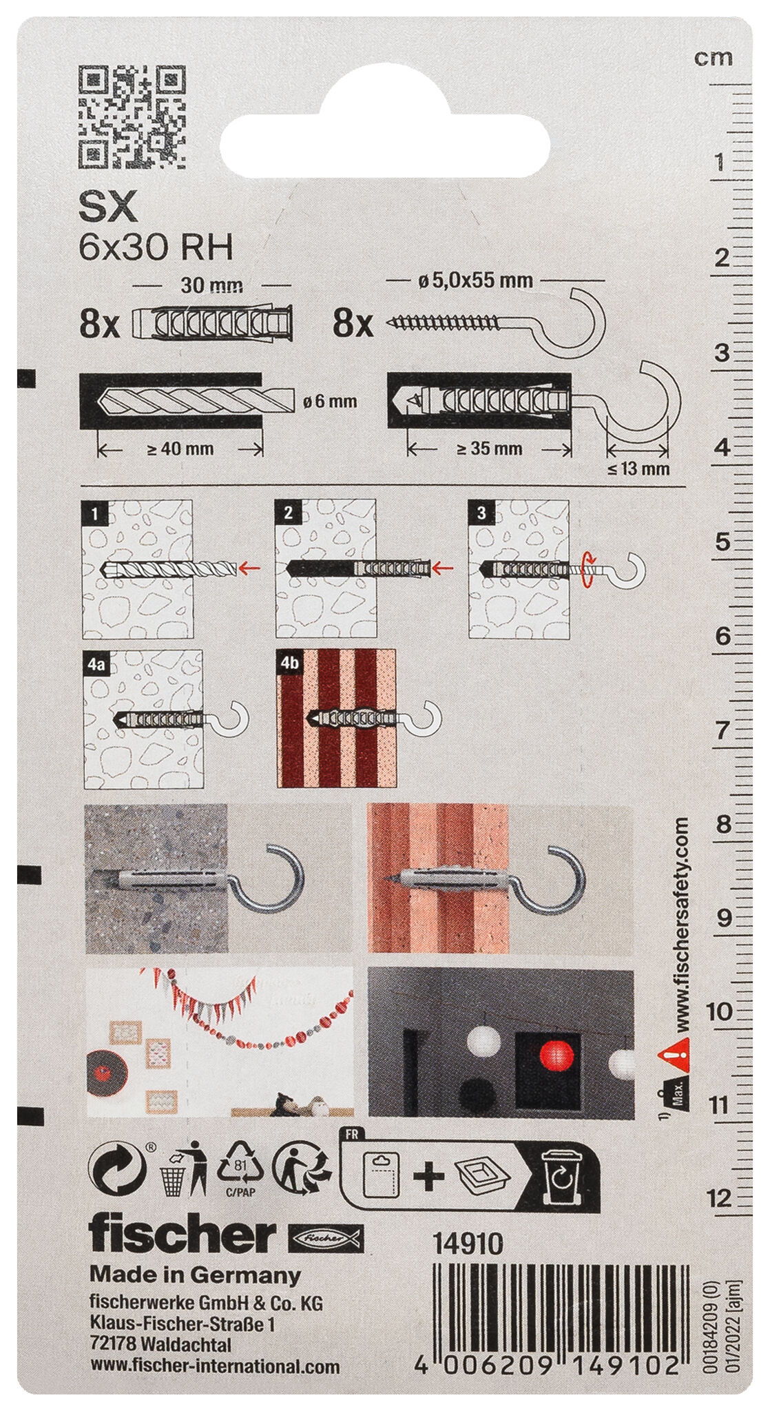 Packaging: "fischer Expansion plug SX 6 x 30 RH with round hook"
